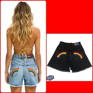 Aviator Nation Women’s Black HI RISE SKATER CUTOFF RAINBOW BACK POCKET SHORTS🌈